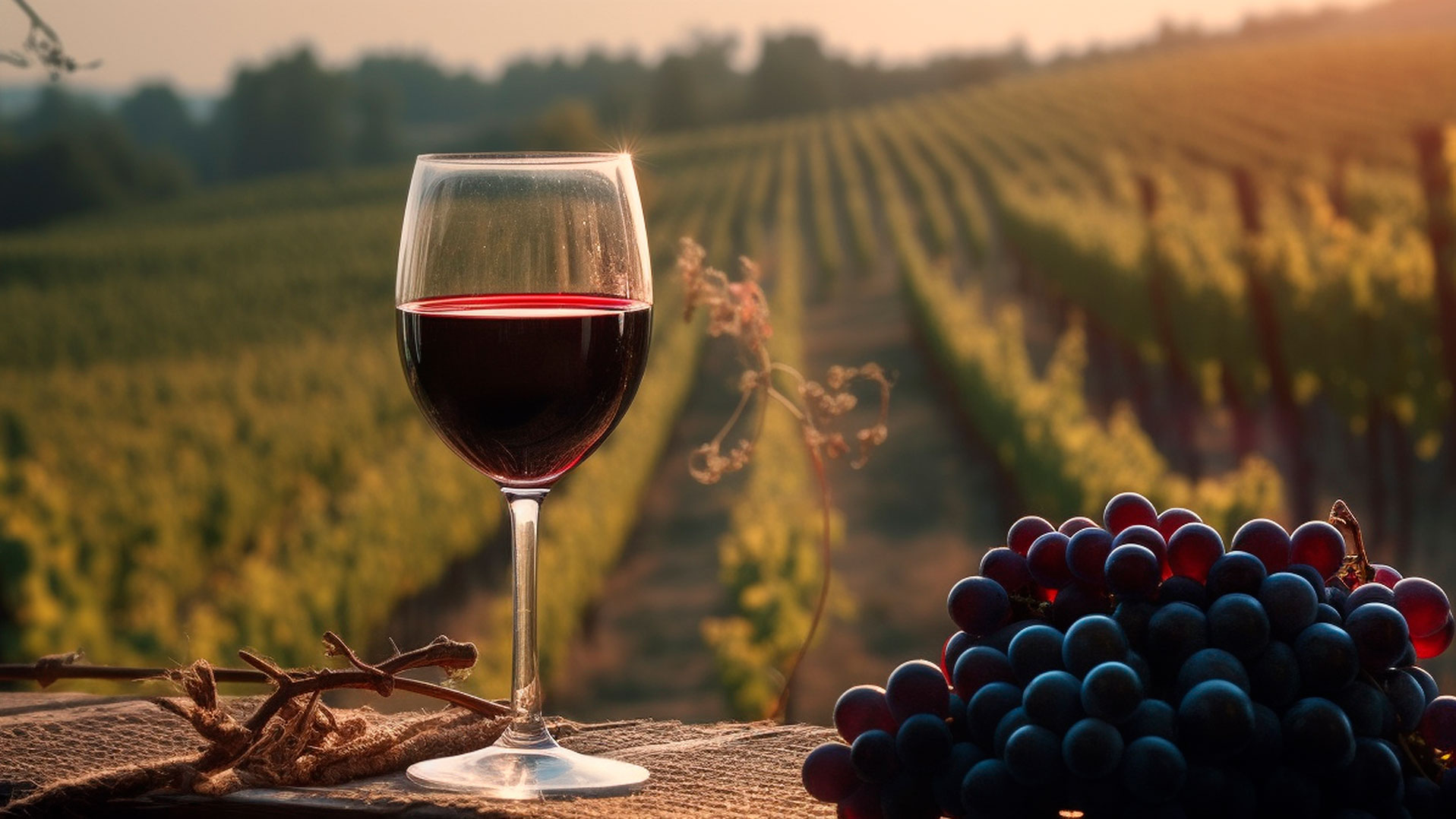 glass-wine-stands-table-with-bunch-grapes-overlooking-sunny-summer-field-with-vineyards-generative-ai